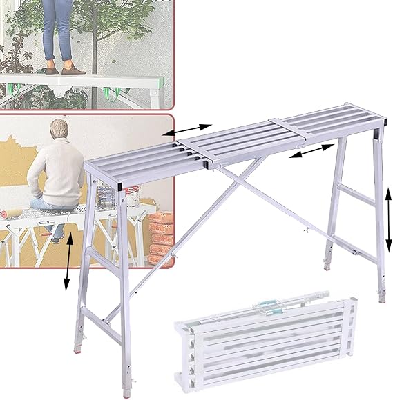 Portable 40cm Width Folding Scaffolding Adjustable Length and Height Engineering Ladder Galvanized Steel Welding Scaffolding for Decoration, Cleaning, Construction, Household,C