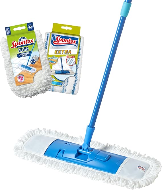 Spontex Extra Flat Mop | Versatile Microfibre Mop for Dry and Wet Surfaces | Adjustable Length (80-140 cm) | Cleans Laminate, Wood and Tile Floors | 2 Refills