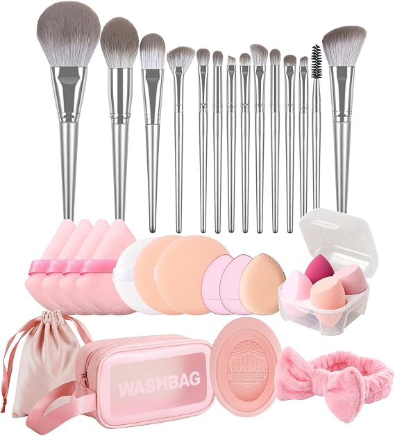 Makeup Brush Set, Makeup Brush Set with Triangle, Rounds and Mini Powder Puff, Cosmetic Sponge, Cleaning Mat, Carry Bag, Makeup Tool Set for Foundation, Powder, Concealer, Eyeshadow