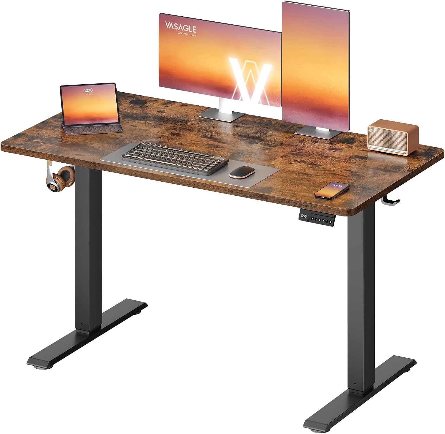 VASAGLE Electric Height Adjustable Computer Desk, Sedentary Reminder, Memory Function with 4 Heights, for Office, 120 x 60 cm, Rustic Brown LSD312KD03