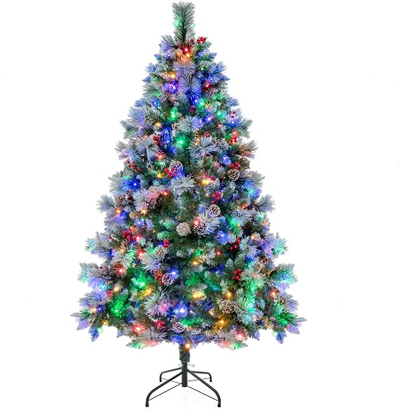 COSTWAY 6ft/7ft Pre-Lit Christmas Tree, Hinged Xmas Trees with 11 Lighting Modes, LED Lights, Snowy PVC Tips, Pine Needles, Red Berries, Pinecones, Holiday Decorative Artificial Tree for Home Office