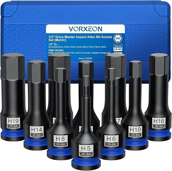 10pcs 1/2" Impact Hex Socket Set 5-19mm Heavy Duty Allen Socket Set