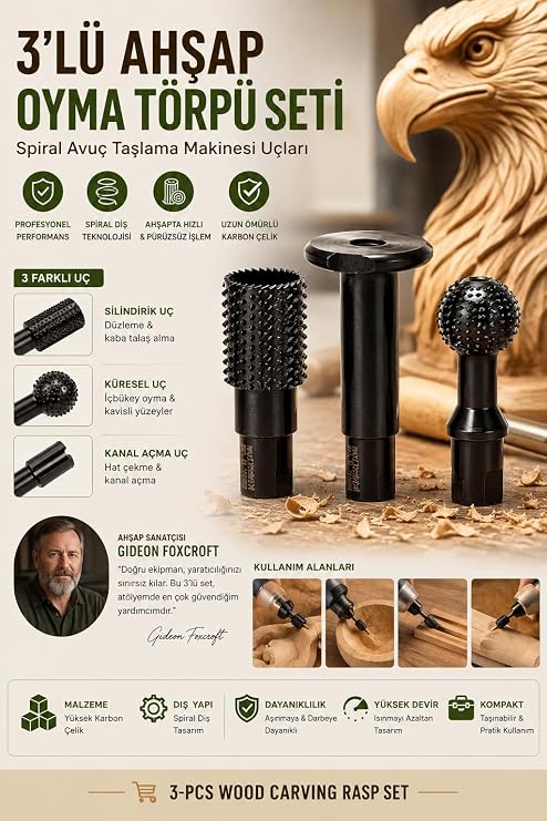 3'lü Ahşap Oyma Törpü Seti Spiral Avuç Taşlama Makinesi Uçları