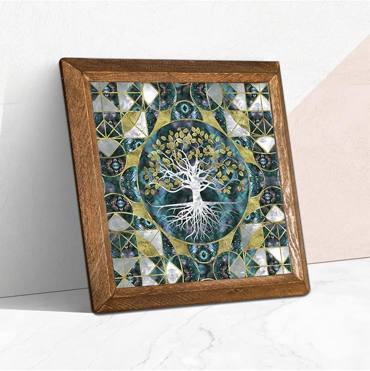 Pinecone Hayat Ağacı Taş Duvar Tablosu - Ahşap Çerçeveli Taş Tablo - 25x25 cm - Dekoratif Duvar Sanatı - Modern Ev ve Ofis Duvar Dekoru W1-238