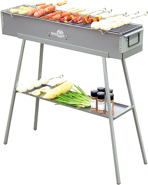 WILLBBQ Commercial Quality Portable Charcoal Grills Multiple Size Hibachi BBQ Stainless Steel Folded Camping Barbecue Grill for Garden Backyard Party Picnic Travel Home Outdoor Cooking Use