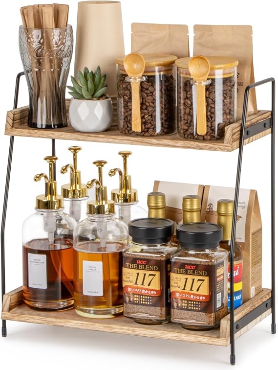 ANBOXIT Countertop Coffee Station Organizer, 2 Tier Wooden Shelf