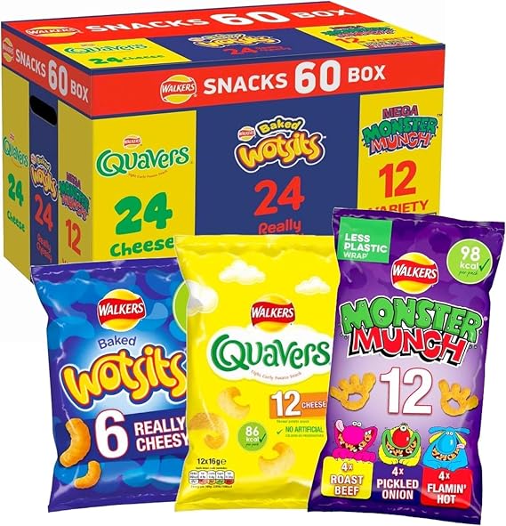 Walkers Crisps Variety Snack Multipack Box, Quavers, Wotsits, Monster Munch Variety, 60 Pack