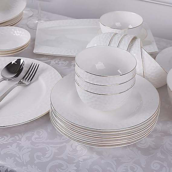 Bone China Dinnerware Set, Porcelain Fine Bone China Kitchen Dinner Dining White Round Tableware Combi-Set with Cereal Noodle Bowls Dessert Soup Fish Plates Dishes