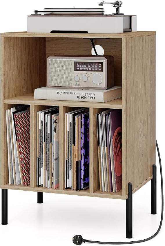 COSTWAY Record Player Stand with Charging Station, Turntable Stand End Side Table with 5 Shelves for 150 Albums, Metal Legs Vinyl Record Storage Cabinet Holder for Living Room Bedroom (Natural)