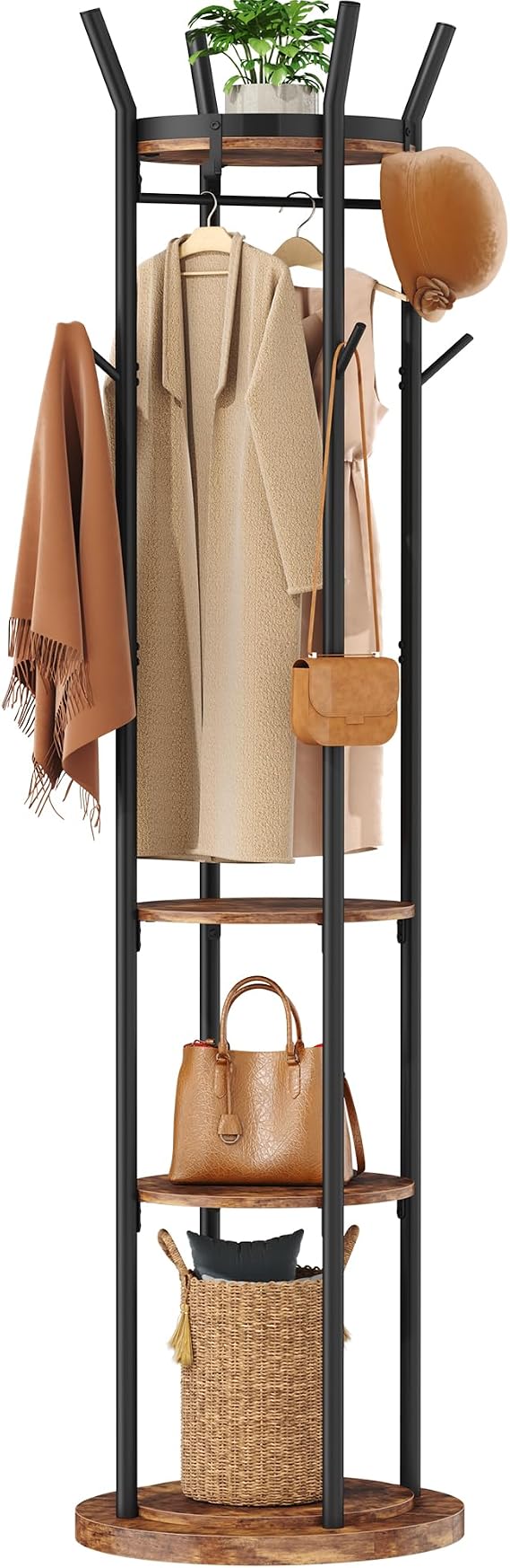 HOMEFORT コートラック 自立型 メタルコートスタンド 棚付き Rusitc Brown