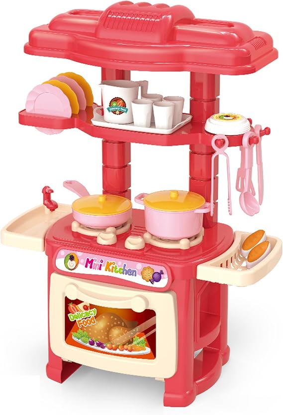 Toddler Play Kitchen 47-piece Realistic Toddler Kitchen Playset, Red