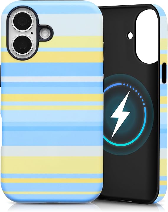 iPhone 17用ケース、磁気マットつや消し二層ストライプスマホケース 女性用レトロ美的カバー マグセーフアクセサリー対応 - シーソルトレモン