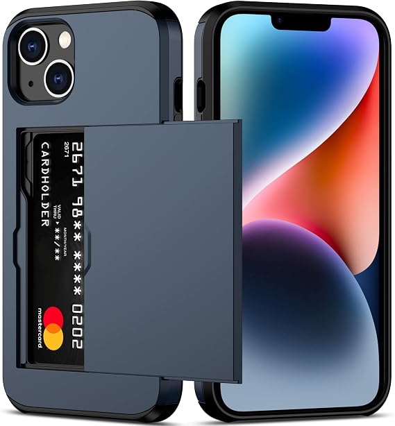 Nvollnoe iPhone 14 Plus用ケース、カードホルダー付き、高耐久 保護 デュアルレイヤー 耐衝撃 隠しカードスロットスリムウォレットカバー iPhone 14 Plus用 女性用 & 男性用 ブルー