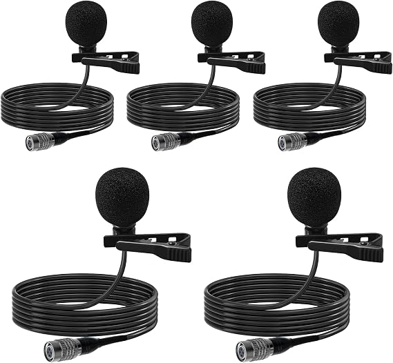 5 Pack Lavalier Lapel Microphone for Audio Technica Unidirectional Condenser Clip-on Lapel Mic Hirose 4 Pin Female Connector Work for Vlog Interview Teaching,Hand-Free,Black