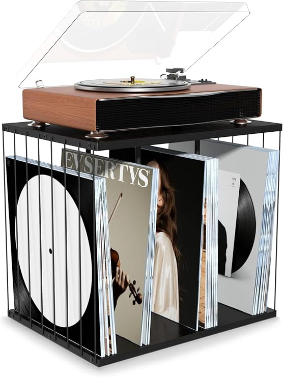 Vinyl Record Storage, Metal & Wooden Vinyl Record Holder Up to 80 LP Albums, 3-Compartment Record Player Stand for Magazine, Book, Files, Albums (Black)