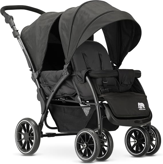 Deryan Elena Duo Tandem Double Pushchair - Baby & Toddler Tandem Pushchair with Raincover, Suitable from Birth to Approx. 3 Years (30kg), Compact & Foldable, 5-Point Harness, Black