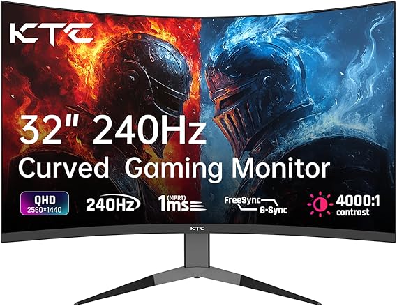 KTC 32 Inch Curved Gaming Monitor 1000R 2K WQHD (2560 x 1440p) 240 HZ 1 ms Adaptive Sync 122% sRGB 4000:1 Contrast 2 x DP 1.4 (240 HZ) 2 x HDMI 2.0 (144 HZ) Supports Tilt and Vesa