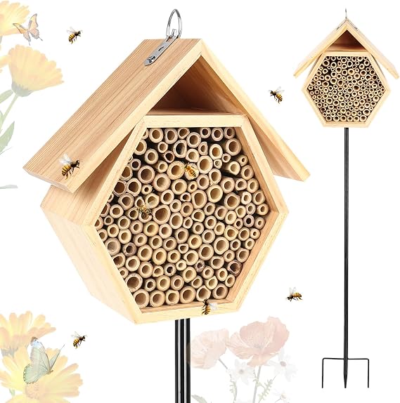 Mason Bee House for Garden,Natural Wooden Bee Hive with Metal Ground Stake