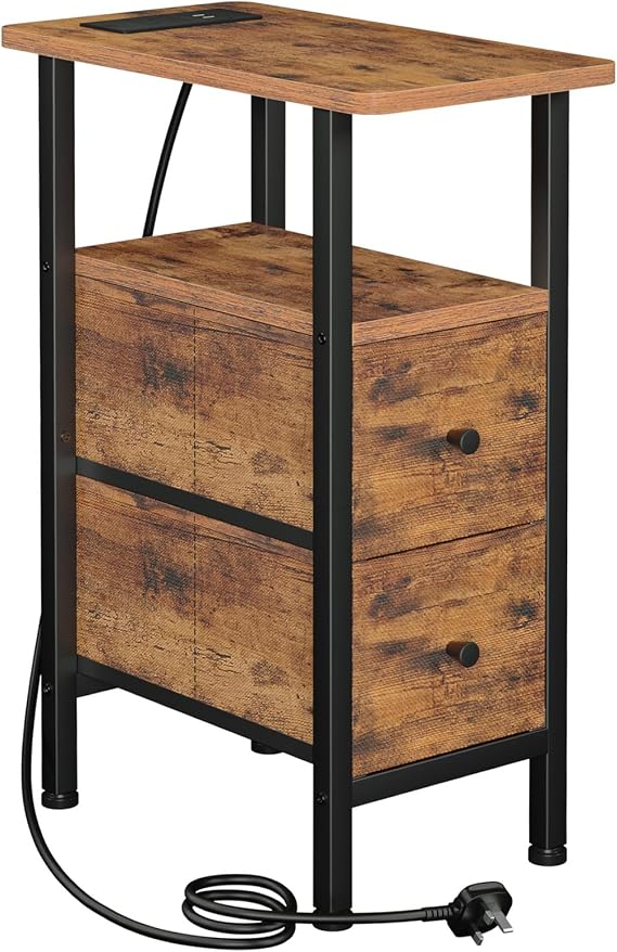 AMHANCIBLE Narrow Bedside Table, Slim Side Table with Charging Station | Small Table with 2 Fabric Drawers, Bed Side Table, Nightstand for Small Spaces, Living Room, Bedroom, Rustic Brown