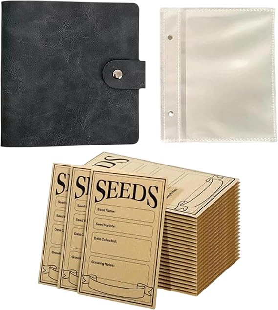 Seed Storage Set with Black Album, 25 Inner Pockets and 50 Envelopes