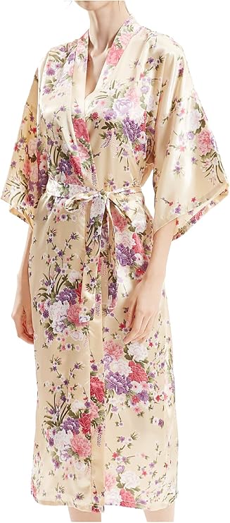 Initlove Women's Long Kimono Robe Silk Satin Cardigan Pajamas Peacock Nightgown for Partys