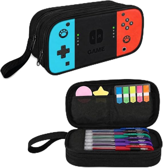 Pencil Case for Boys,Double-Decker Pencil Cases with Zipper for Kids,Black Gaming Pencilcase Big Capacity,Large Gamer Pencils Box for Secondary School Teenage Boy