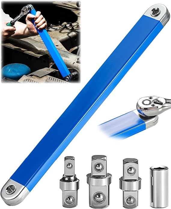 Offset Extension Wrench, 15-Inch (38.1 cm) Zero-Degree Ratchet Extension, Socket Tool with 3 Square Drive Adapters (1/2 inch, 1/4 inch, 3/8 inch), Universal Fit