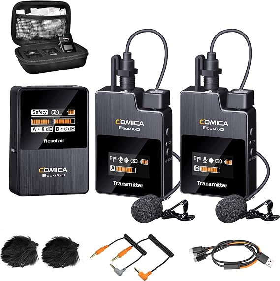 comica Wireless Dual Lavalier Microphone, BoomX-D2 2.4G Compact Wireless Microphone System with 2 Transmitter 1 Receiver, Lav Mic for Smartphone Camera Podcast Interview YouTube Live-steam