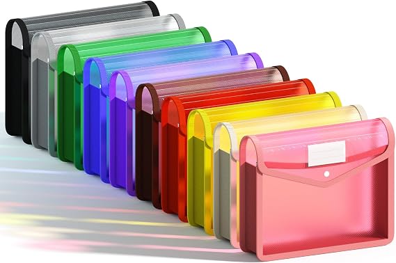 Ansook A4 Plastic File Folder, 10 Pcs Document Folder Wallets with Snap Closure, Multi‑Coloured Plastic Envelope Document Pockets, Large Capacity A4 File Bags for Office, School & Home Paper Storage