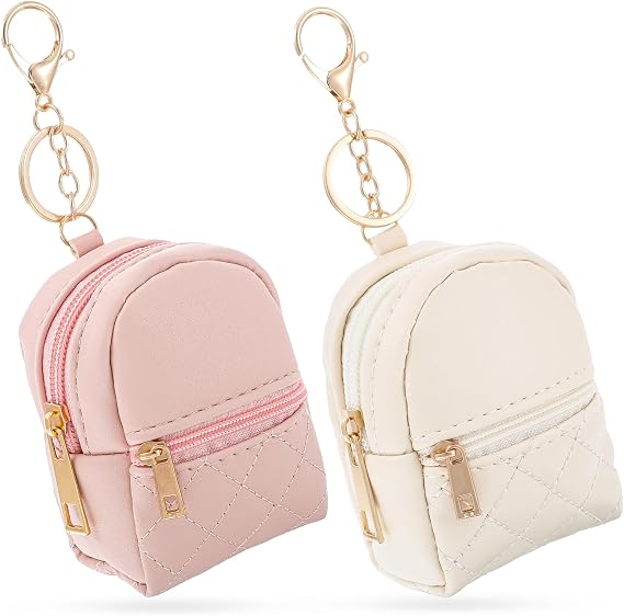 2pcs Mini Backpack Cute Cosmetic Bag for Women PU Leather Makeup Bag Creative Key Pocket Key-Chains Pendant Backpack Keyrings Lipstick Bag Card Holder Data Cable Organizer Zipper Pouch