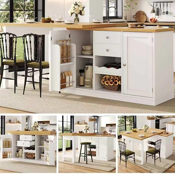 Extendable Sideboard & Dining Table Combo, 2 Drawers & Snack Rack, Space-Saving Kitchen Island for Small Flats, White/Black