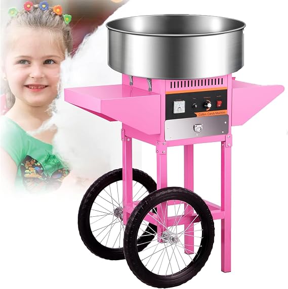 Commercial Cotton Candy Machine with Cart, Electric Floss Maker, Stainless Steel Bowl, Includes Sugar Scoop and Drawer, Ideal for Family Gatherings and Parties