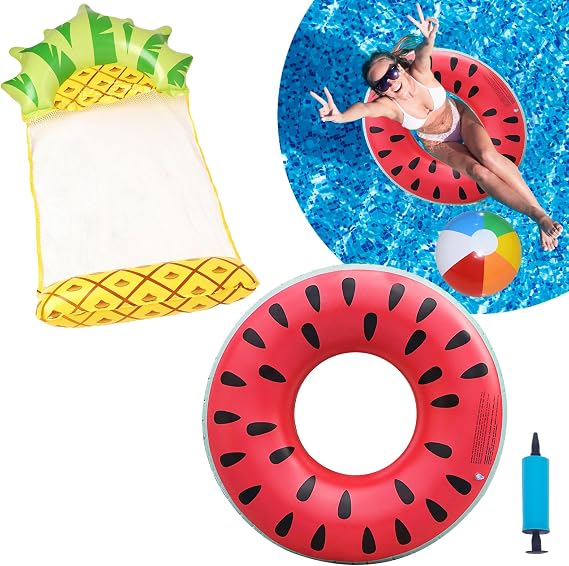 Pineapple Inflatable Pool Floats for Adults Super large watermelon Swimming Ring and Beach Ball, 4-in-1 Hammock Pool Floats Heavy Duty Pool Lounger Beach Swimming Floats for Pool Beach Water Party