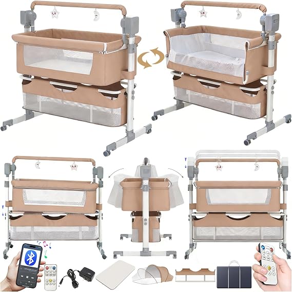 Electric Bluetooth Smart Next to Me Crib, Foldable Convertible Baby Bedside Crib, Co-Sleeping Bassinet, Infant Bedside Sleeper Cradle with Remote, 5 Swaying Gears and Music (601 Brown)