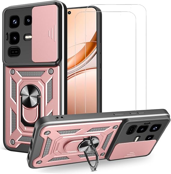 for Infinix Note 50 Pro Plus 5G Case with Slide Camera Cover and Stand Kickstand Ring with Tempered Glass Screen Protector [2 pieces],Military Grade Shockproof Protective Cover, Rose Gold