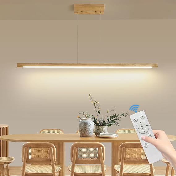 Dimmable Wood Pendant Light with Remote Control, 3 Colour Temperatures 3000k 4500k 6500k for Bedroom, Kitchen Island, Dining Room [Energy Class E]