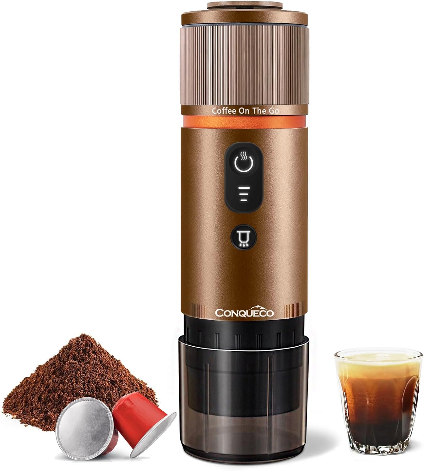 CONQUECO Portable Espresso Coffee Machine: 12V Electric Small Travel Expresso Maker - Self Heating 8 Cups Battery Powered Compatible for Nespresso Capsule - for Camping RV Hiking Office Brown