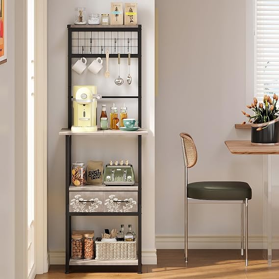 Tohomeor Kitchen Shelf Standing Shelf Small Coffee Corner & Baker's Shelf Narrow with 2 Fabric Drawers & 5 Hooks Space-Saving Country House Shelf for Kitchen Hallway or Living Room (Grey 50 x 34 x 140 cm)