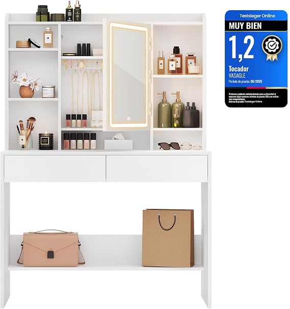 VASAGLE Dressing Table with LED Lights, Strip, Mirror, 2 Drawers