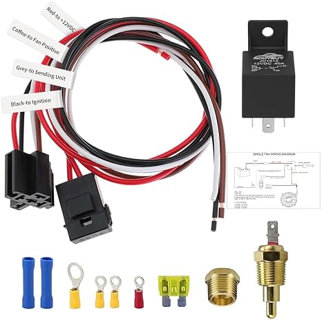 Electric Fan Relay Kit 40 AMP Automotive Relay Thermostat Switch Kit for Radiators Fans Temperature Sensor Switch 185 On 175 Off, Waterproof 12V Electric Cooling Fan Relay Switch Wiring Kit