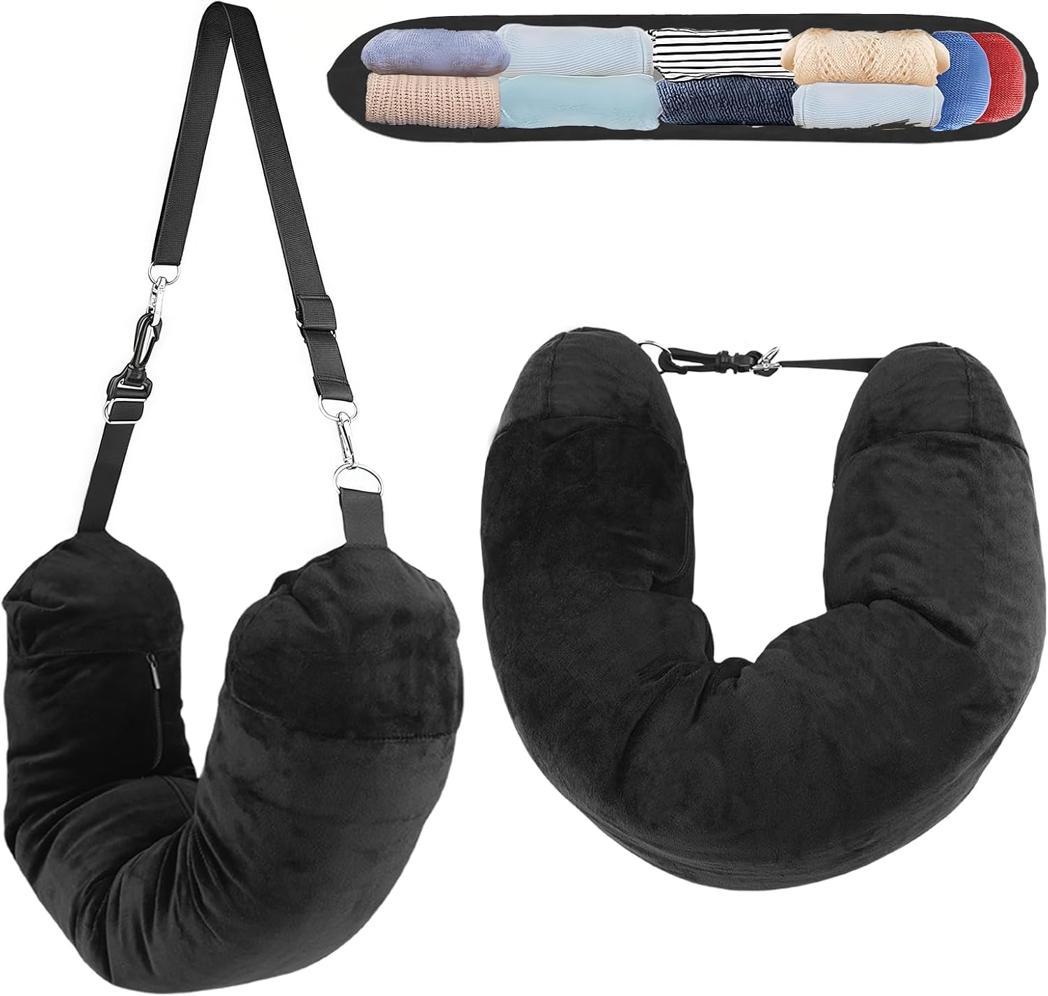 Soft Stuffable Neck Pillow for Travel Multifunctional U-Shaped Cushion Fillable with Clothes for Extra Luggage Space, Adjustable Strap for Airplane, Camping, Train, Hiking Black