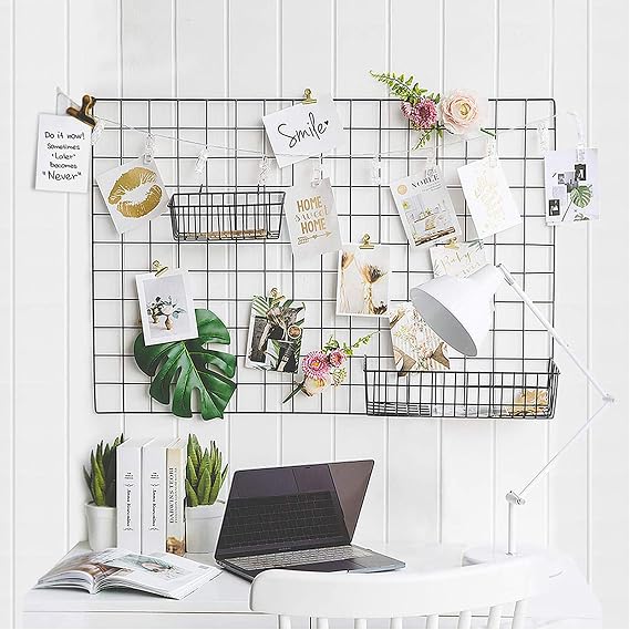 2 Pack Wall Grid Panel with Clips Hanging Photo Display Shelf Wire Notice Board Metal Grid Rack Art Organizer Home, Office & Kitchen Décor Mesh Picture Board