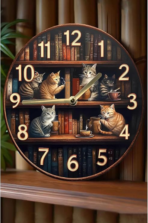 Sessiz Yuvarlak Ahşap Duvar Saati Kuvars Hareketli 2D Kedi Desen Sdw018,Sdw018 33 X