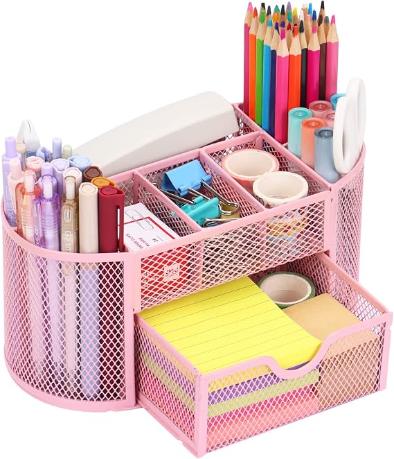 EOOUT Pink Modern Office Desk Organizer, Mesh Pen Holder with 8 Compartments and 1 Drawer for Office, Home, School, Classroom