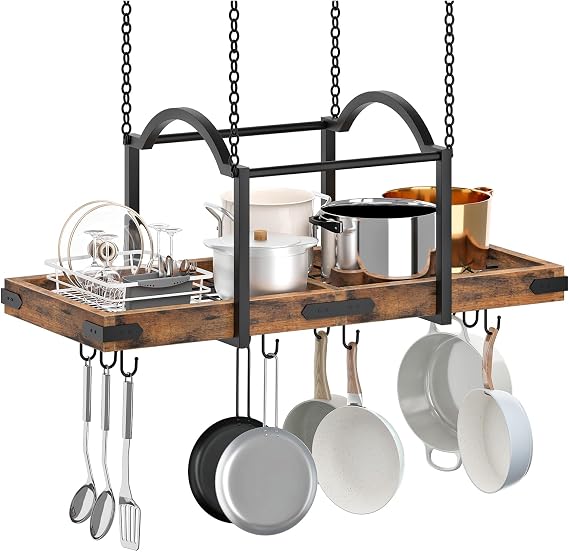 HOOBRO Hanging Pot Rack, 80cm Pot Hanger for Kitchen, Space-Saving Pot Hanger with 10 Detachable S Hooks, Sturdy Metal Fram, for Pot, Pan Storage, Space-Saving, Rustic Brown and Black EBF80TL01