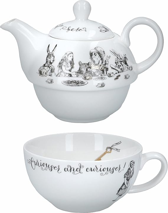 V&A Alice in Wonderland Teapot and Cup Set For 1 in Gift Box, Fine China Tea Set, White, 250 ml