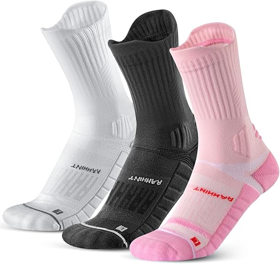Rahhint Compression Running Socks for Women 3 Pairs, Anti-Blister Moisture Wicking Coolmax Crew Cushion Athletic Workout Socks