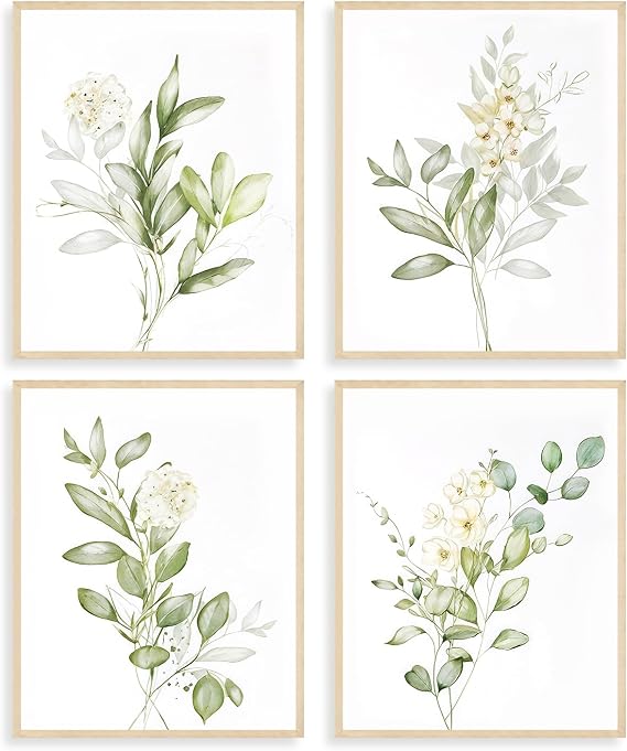 Dazzlewall 4Pcs Botanical Watercolor Flower Art Prints, Sage Green Plants Wall Art Decor, Minimalist Leaves Picture for Bedroom Bathroom Decor 8x10 in Unframed