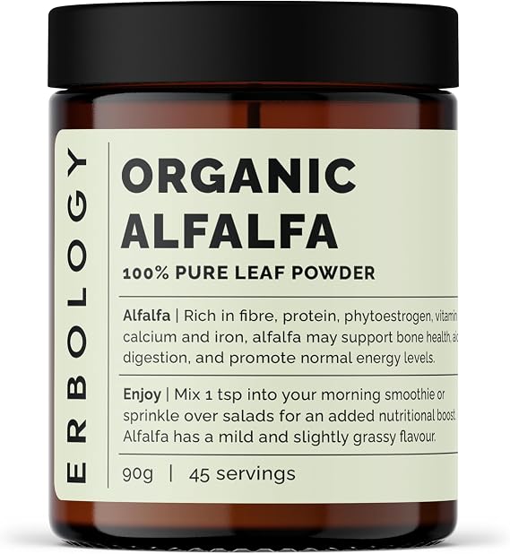 Erbology Organic Alfalfa Powder 90g - 45 Servings - Supports Bone and Gut Health - Rich in Vitamin A, Calcium and Iron - Sustainably Sourced Straight from Farm - Small Batch - Vegan - GMO-Free