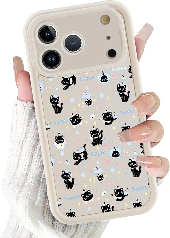 iPhone 17 Pro Max 6.9インチ用ケース、かわいい黒猫の電話ケース、かわいいミニマリストの猫の漫画プリントデザイン、スリムな滑り止めソフトシリコン耐衝撃保護カバー 猫好き、女性、女の子、男性向け
